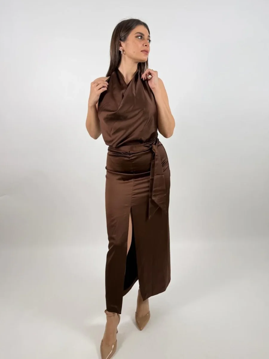 Abito lungo con scollo all'americana e spacco frontale Donna - Imperial - immagine 3